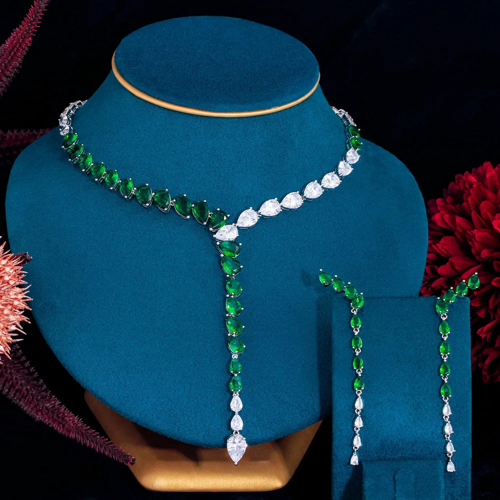 Fashion Design Green Pear Cut Cubic Zirconia Long Teardrop Crystal Necklace Earrings Elegant Costume Jewelry Set for Women Party