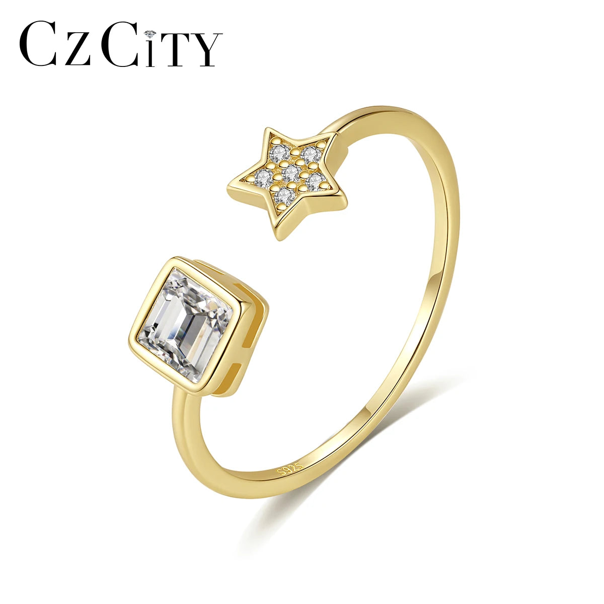 CZCITY Popular Silver Sterling Gold Woman Trendy 925 Dainty Designed Finger Cubic Zirconia Star Ring