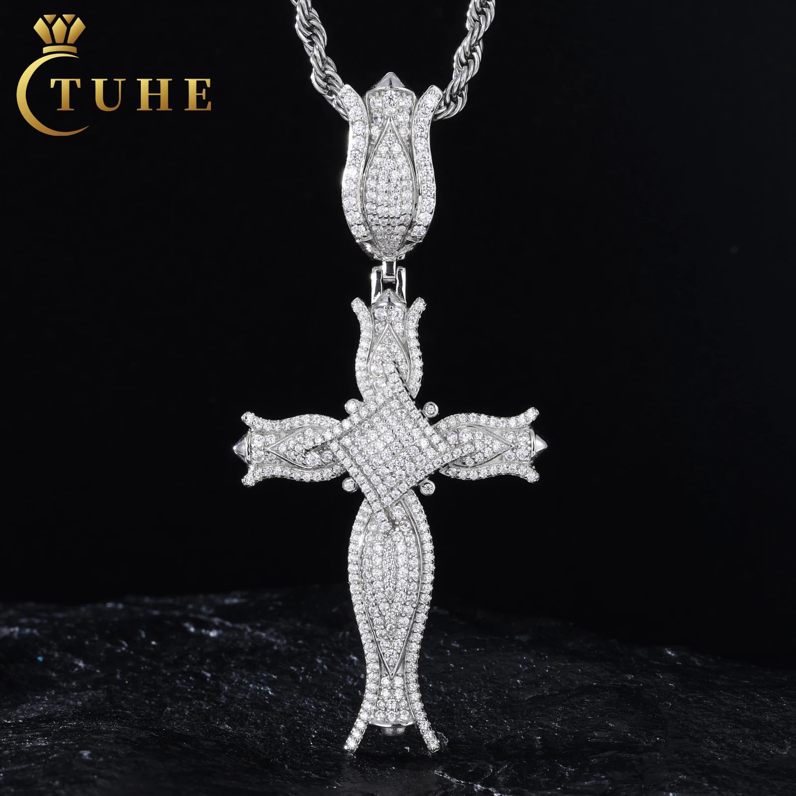 New Luxury Rapper Jewelry 925 Sterling Silver Vvs Moissanite Diamond Iced Out Cross Pendant With Square Center