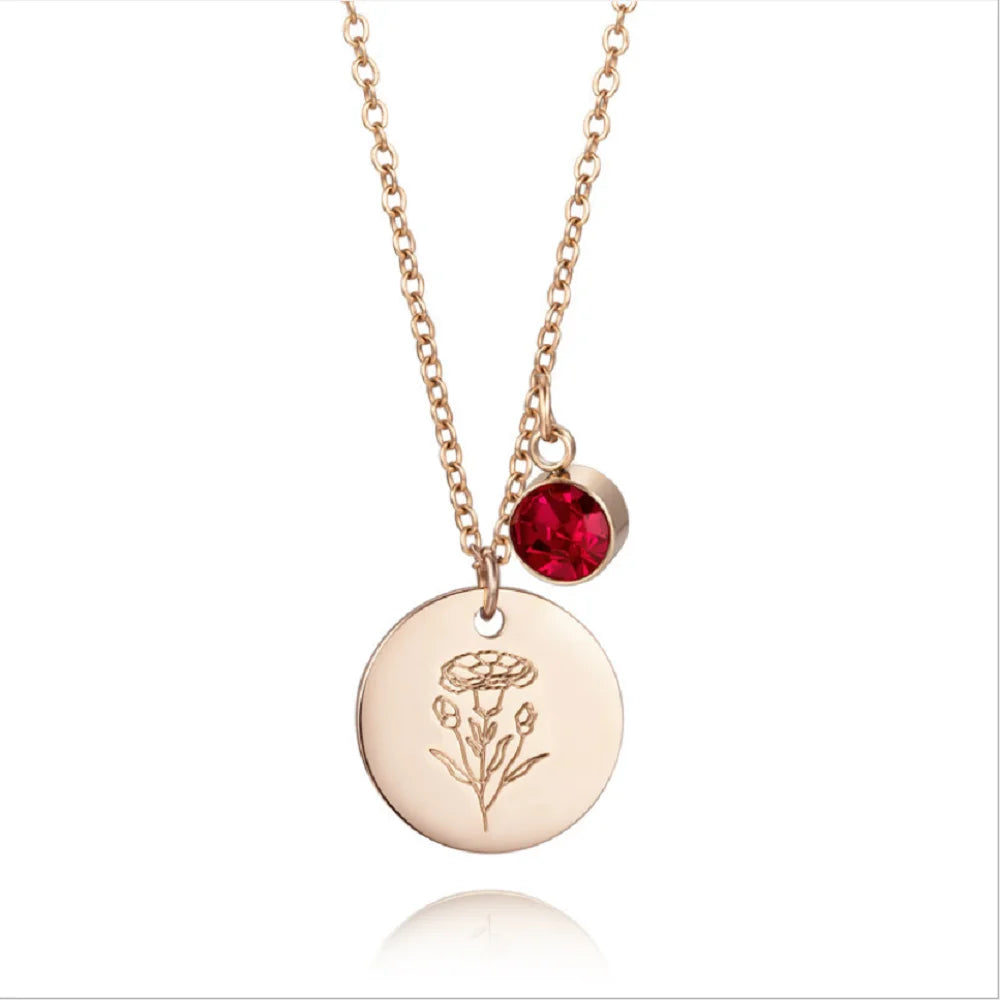 Fashion Titanium Stainless Steel Flower Twelfth Birthday Stone Pendant Necklace Jewelry for Women