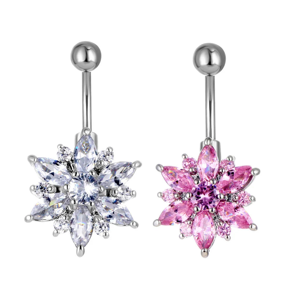 Fashion Flower Design Stainless Steel Belly Button Piercing Nail Inlaid with Zircon Jewelry Crystal Engagement Wedding Unisex