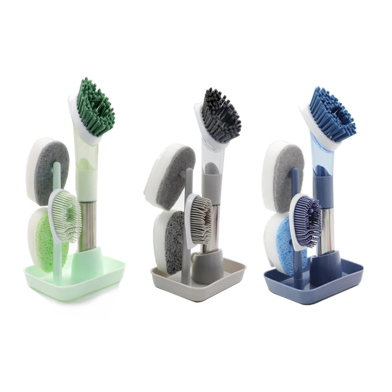 Long Handle 3 in 1 Kitchen Pot Cleaning Tools Dishwashing Brush Set With Removable Sponge Dispenser