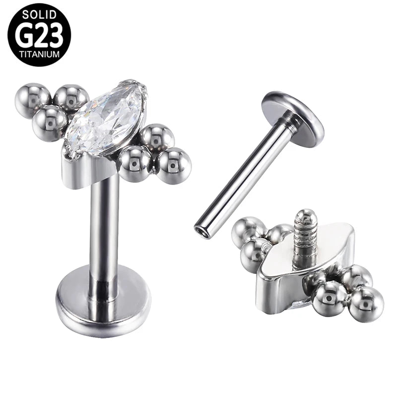 GZN ASTM F-136 Titanium Piercing Bezel Set Jewelry Marquise Crystal & Ball Clusters Fan Top Labret Piercing Fashion Lip Labret