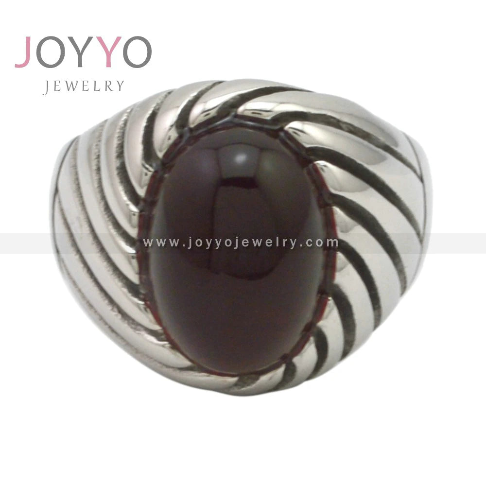 Fashion Customized Wholesale Stainless Steel Spiral Oval Red Crystal Stone Ring Jewelry for Men Women
