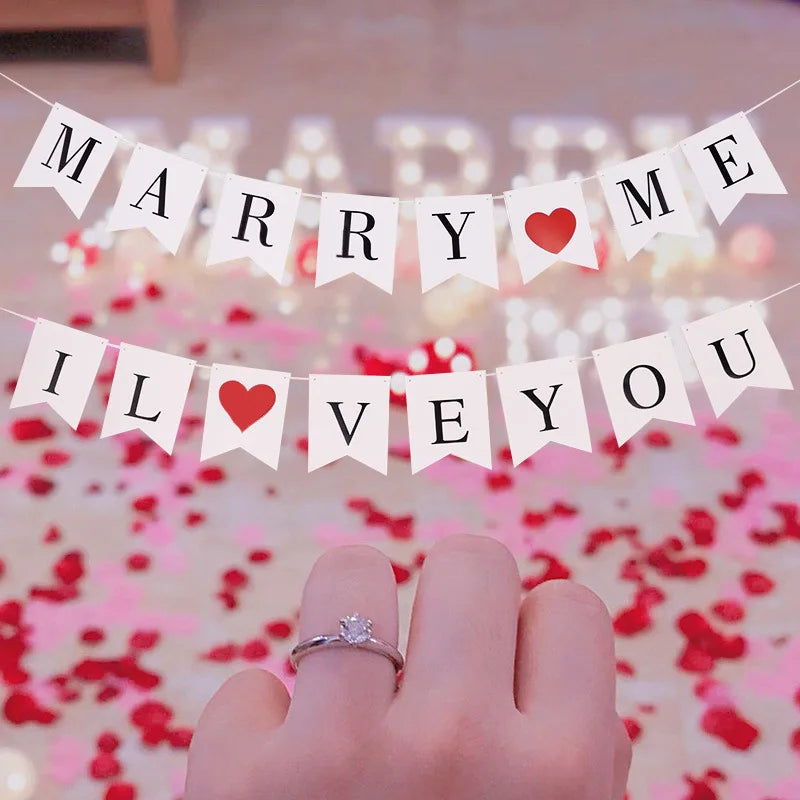 Wedding Valentine's Day Make Proposal Marry Me Photo Booth Prop Banner Letter Shape Paper 20x16cm White Red