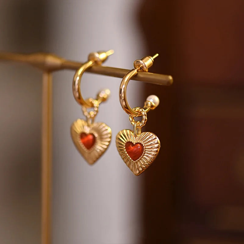 Flamenco Vintage Luxury Pure 925 Sterling Silver Pearl Red Onyx Heart Shape Stud Earrings for Women Girls