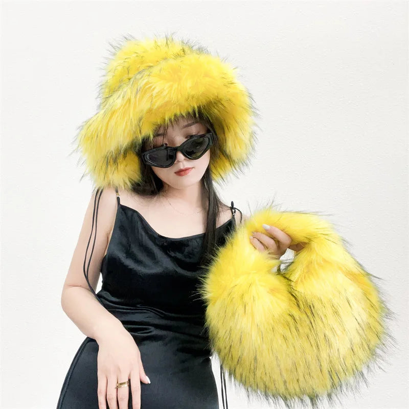 Custom Large Oversized Fisherman Hat Green Long Faux Fur Bucket Hat for Fishing Casual Ski Party