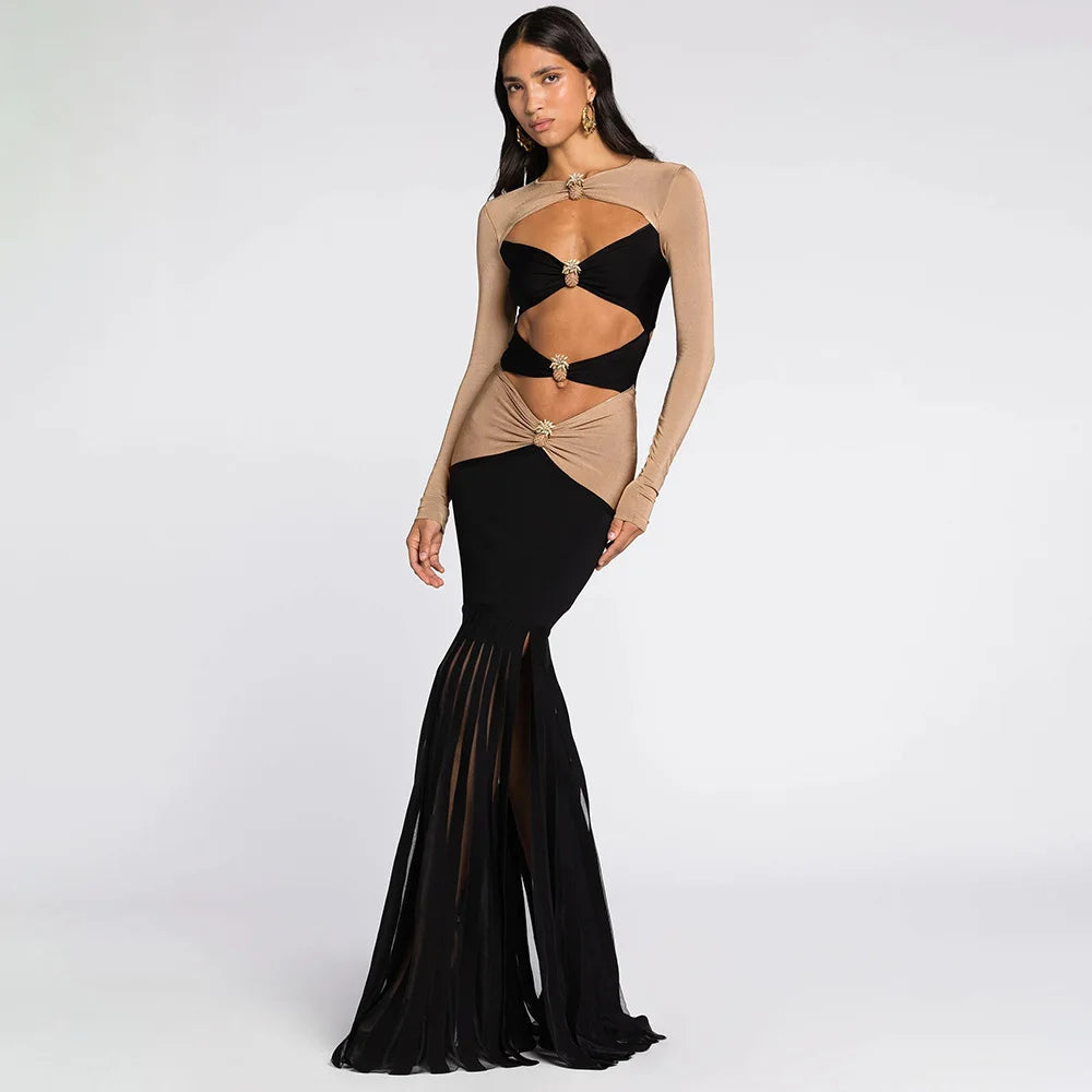 Sexy Club Hollow Out V Neck Crop Long Full Sleeve Dress Long Maxi Length Dresses for Women