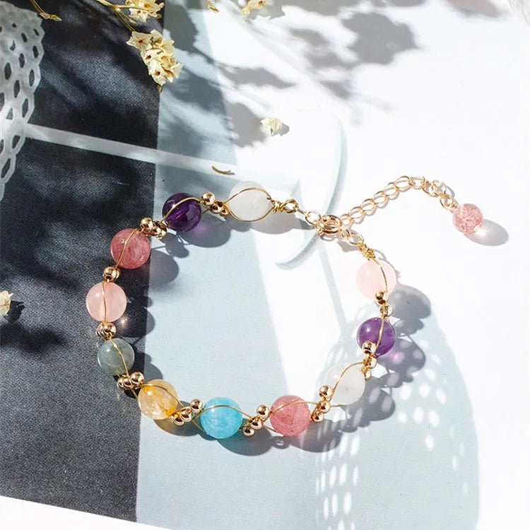 Adjustable Bracelet for Women Lucky Beaded Bracelet Amethyst Pink Crystal Charm Bracelet