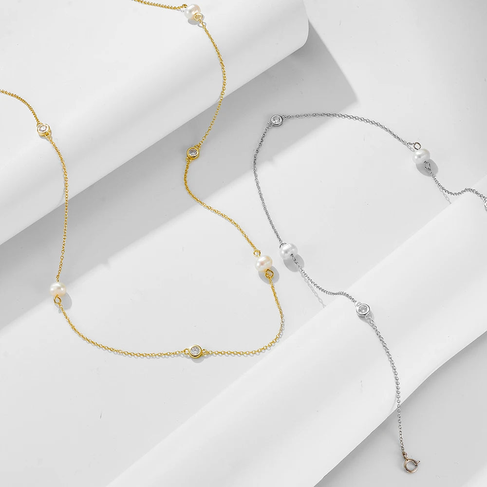 Fashion Jewelry 925 Sterling Silver Necklaces Natural Freshwater Pearl Round Diamond Zircon Gold Plated Necklaces for Women