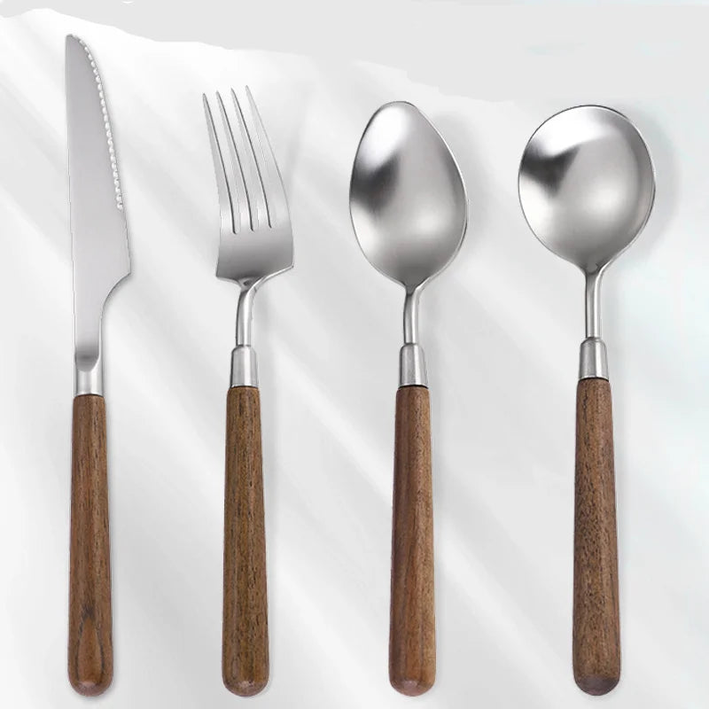 Luxury Walnut Handle Stainless Steel Cutlery Set Knife Fork Spoon Matte Silverware 304 Stainless Steel Cutlery Set