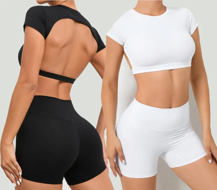 Custom Women's Gym Fitness Workout Crop Top Breathable Solid Pattern Yoga Short Sleeve Plus Size Fitness Wear Set