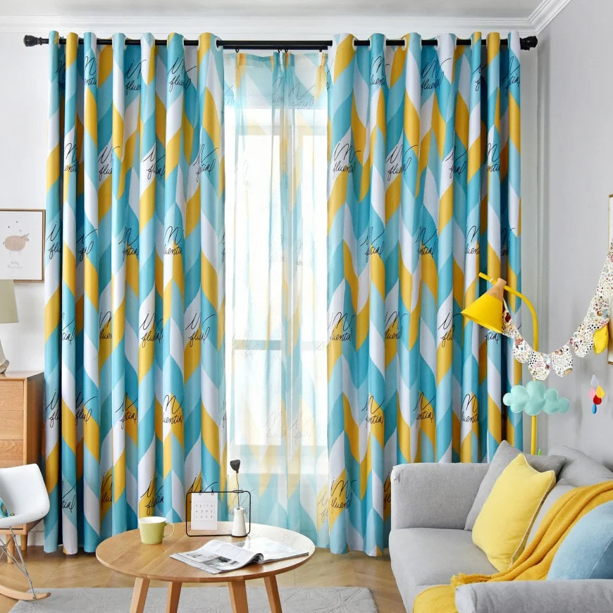 Nordic Style Blue and Yellow Geometric Printing Bedroom Home Decoration Polyester Luxury Blackout Window Drapes