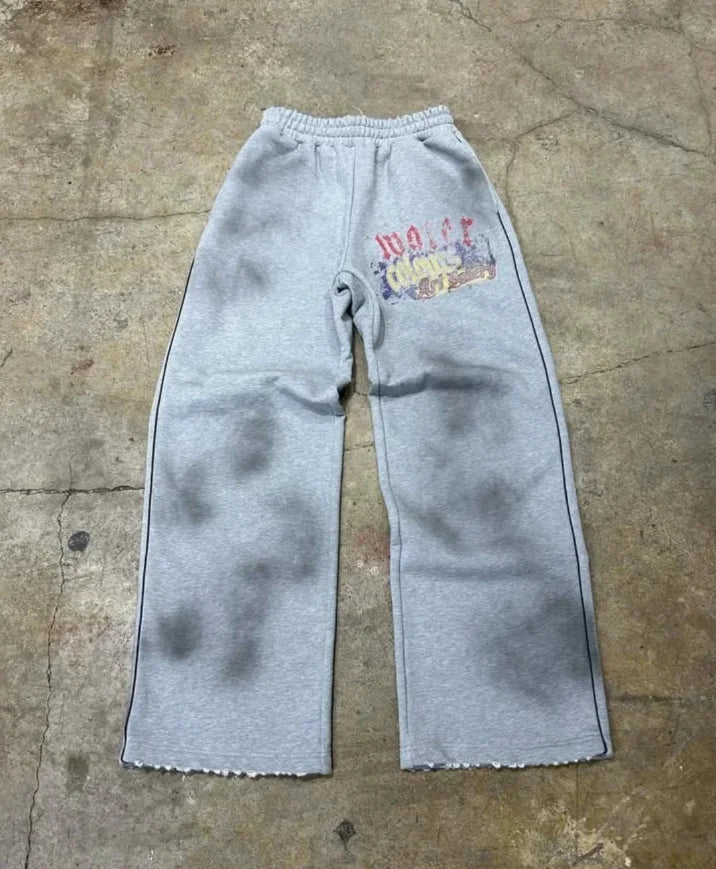 Custom Logo Vintage Acid Wash Jogger Sweatpants for Men Streetwear High Double Baggy Wide Leg Mid Distressed Print Sweatpants