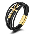 Men's Retro Stainless Steel Cross Charm Braided Leather Bracelet Multi-Layer Genuine Christian Fashion Bracelet Gift