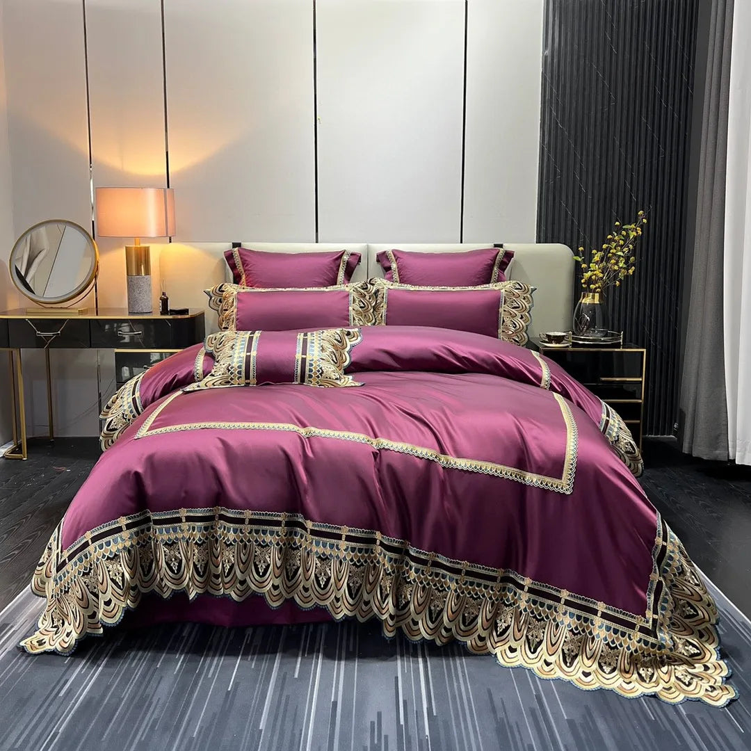 Top Luxury Embroidered 500TC High-end Silk Cotton High Grade Purple Four-piece European Style All-Season Custom Logo Bedding Set