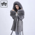 Janefur Winter Loose Style Women Fashion Belt Wool Fur Coat Stock Big Fur Cuff Collar Oversize Hooded Long Cashmere Wool Coat