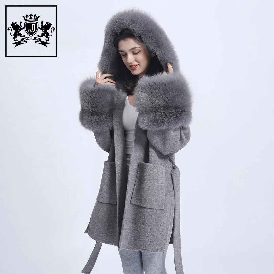 Janefur Winter Loose Style Women Fashion Belt Wool Fur Coat Stock Big Fur Cuff Collar Oversize Hooded Long Cashmere Wool Coat