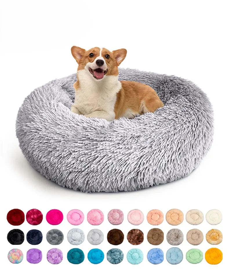 Luxury Fluffy Cushion Plush Soft Donut Dog Bed Accessories Washable Calming Sofa Camas Para Perros Large Custom Cat Dog Pet Bed