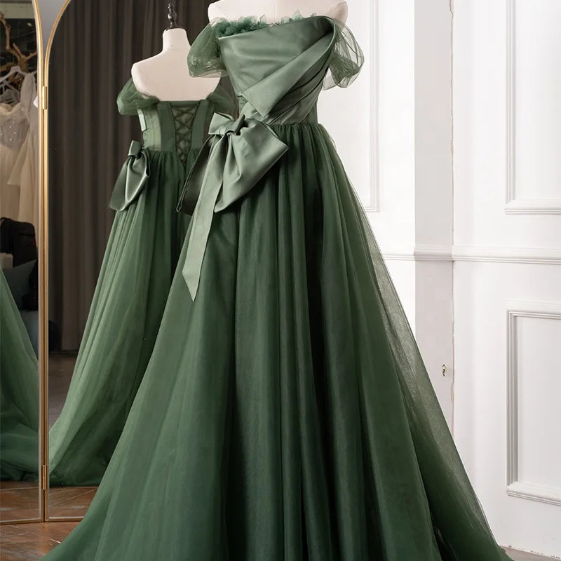 Jancember RL136 Elegant Green Boat Neck Organza Bow Lace up Wedding Dresses