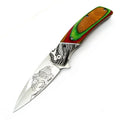 Color Wood Handle Folding Camping Knife Laser Bolsters Eagles Pattern Stainless Steel Corrosion Resistant for Outdoor Survival