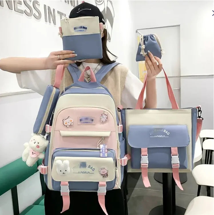 Fashionable Waterproof Multi-Functional Handbag Set Adolescent Girls'&Boys' School Backpack 5-Piece Laptop Bag Zipper Closure