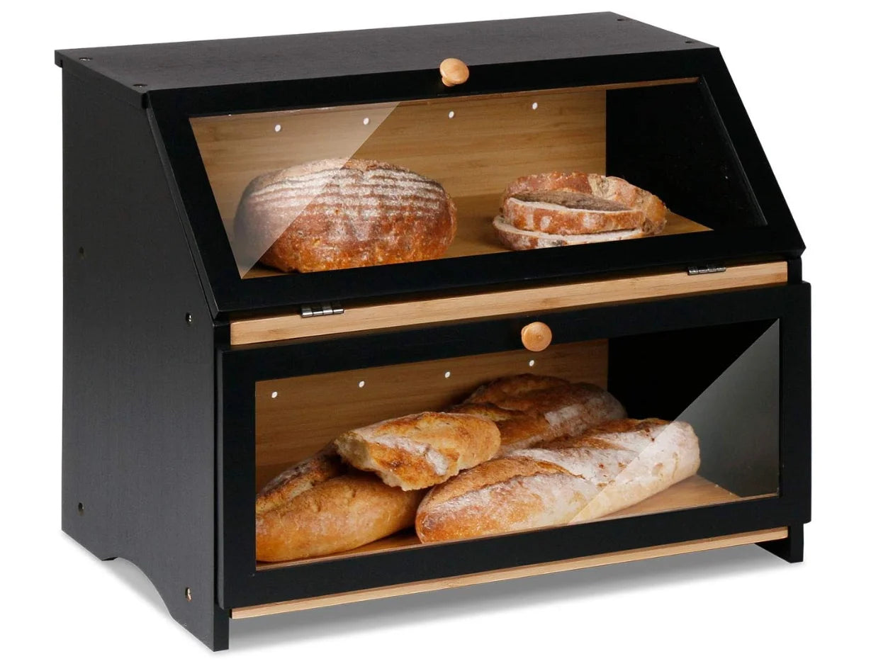 Double Layer Bamboo Square Bread Box for Kitchen Counter Large Capacity Food Storage Bin (Black Over 35L)