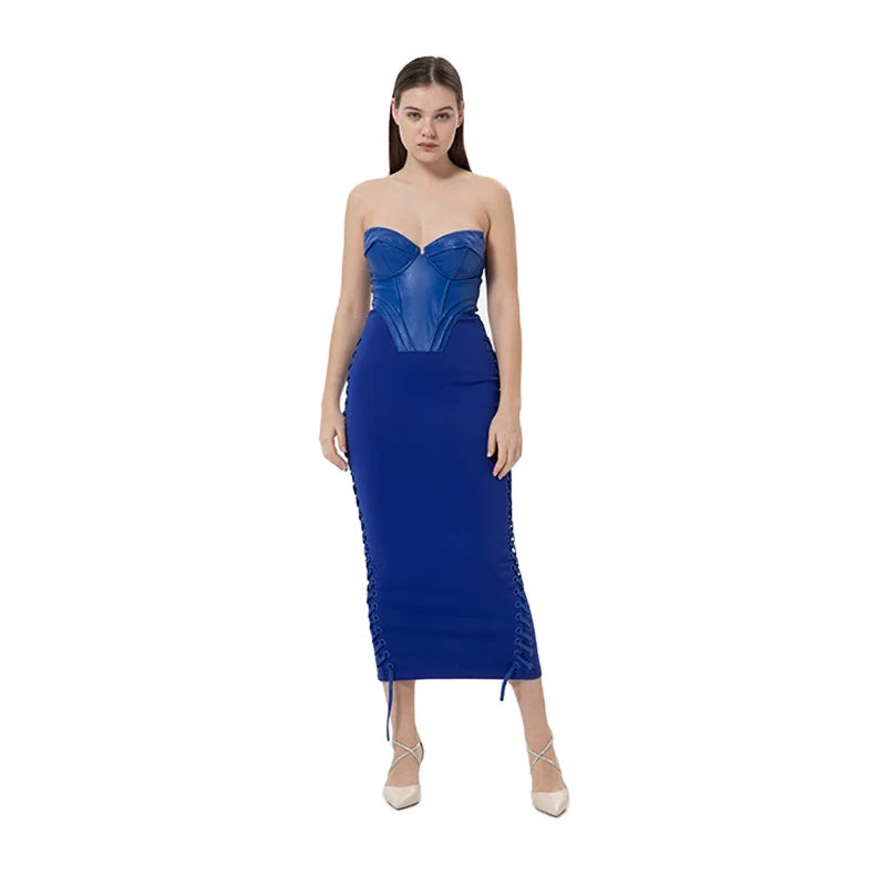 OEM Strapless Sleeveless Faux Leather Corset Lace-up Eyelet Sheath Maxi Dress Women