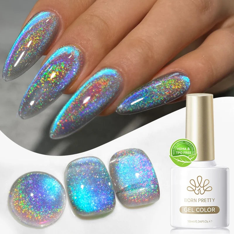 BORN PRETTY 10ml Rainbow Colorful Laser Cat Magnetic Gel Color Holographic Cat Eye Gel Nail Art Magnetic Gel Polish Without TPO