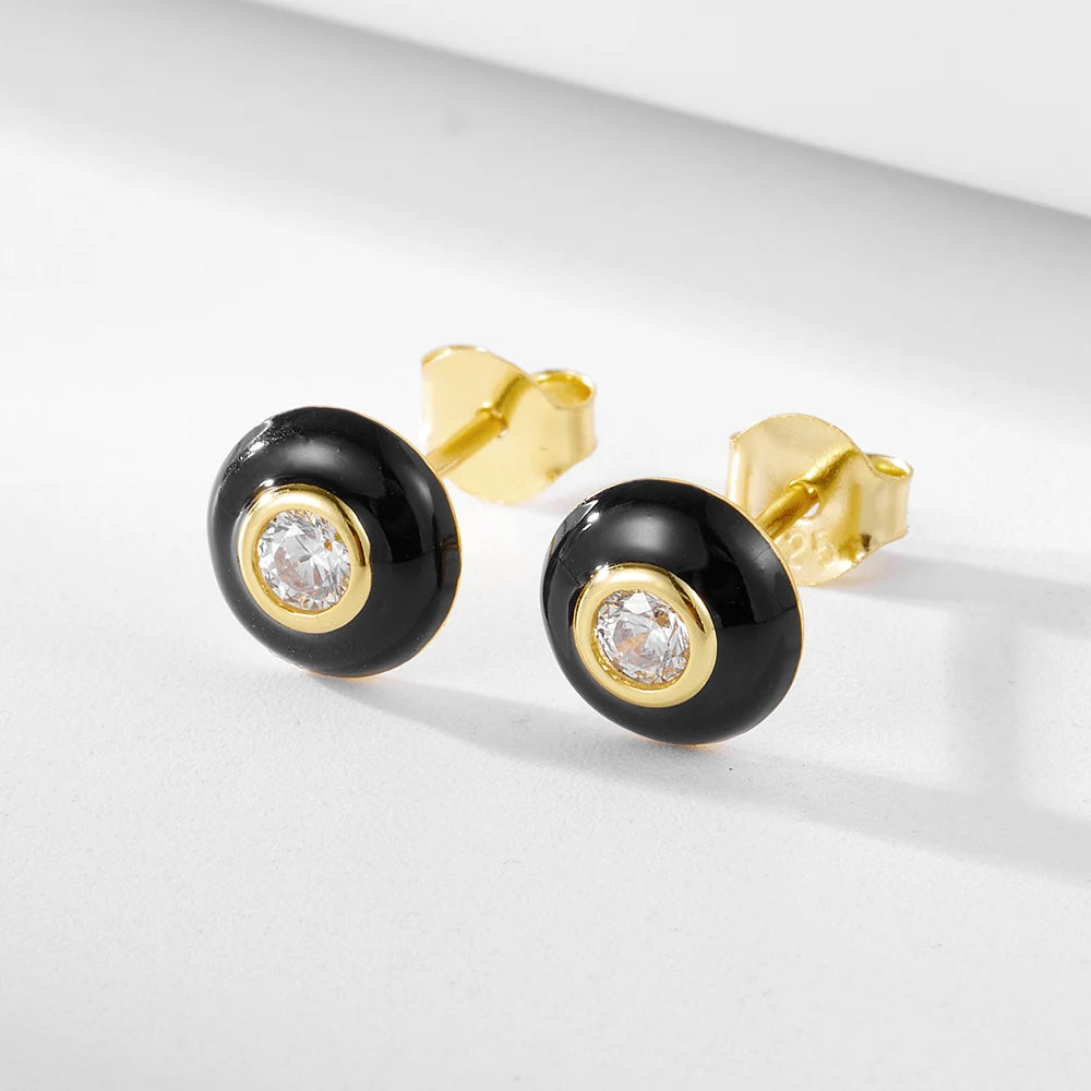 Hot Sell Fashion Design Sterling 925 Silver Zircon Enamel Hoop Stud Earrings New Black Oil Drop Dainty Earring for Women