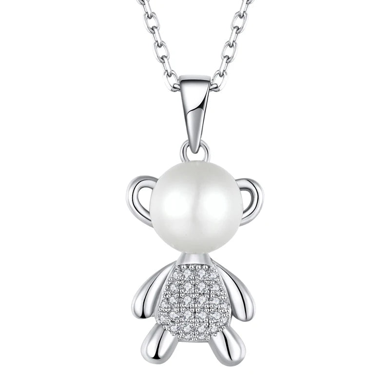 New Designer Rhodium Plated Teddy Bear Necklace 925 Sterling Silver Pattern Cute Cartoon Bear Dainty Freshwater Pearl Necklace