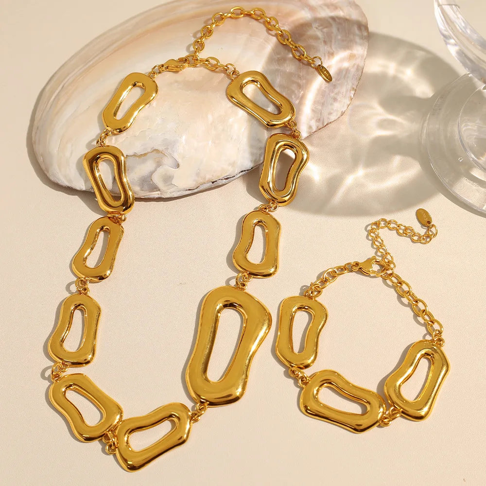 European American Designer 18K Gold Plated Stainless Steel Women's Necklace Bracelet Set-Wedding Party Classic Jewelry Set