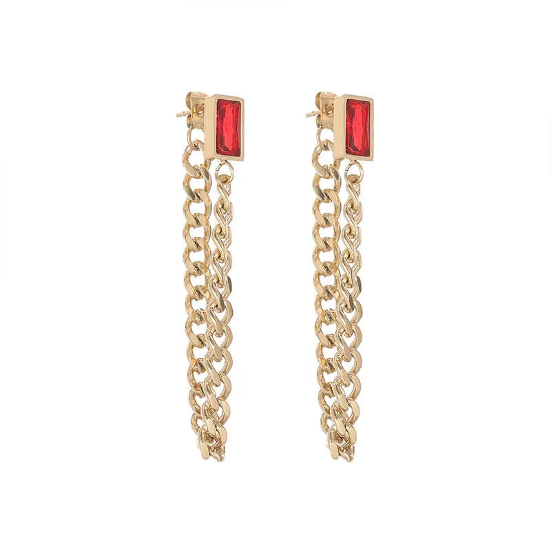 Green CZ Rectangle Charm Dangling Drop Earrings Stainless Steel Chain Hypoallergenic Earrings for Women Jewelry