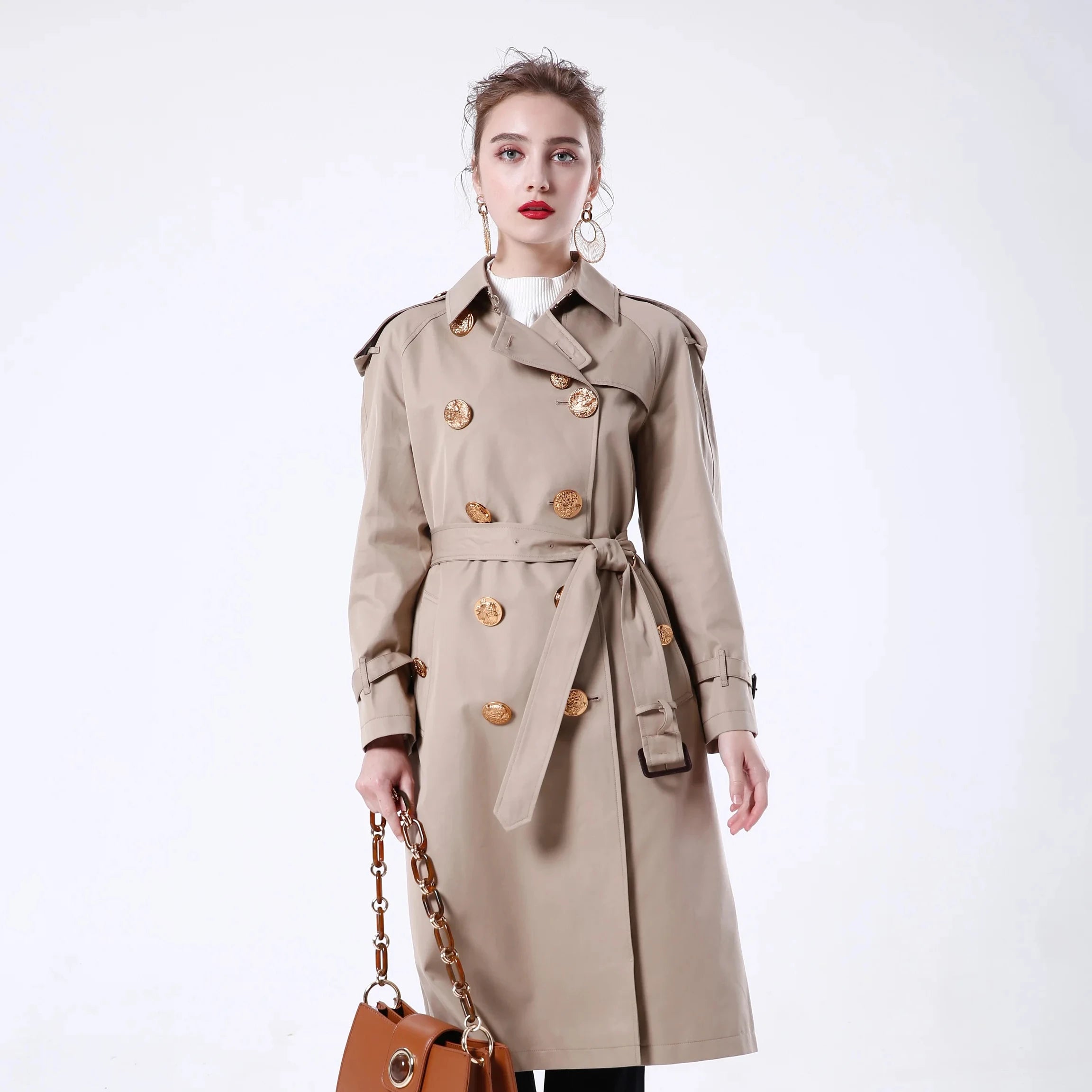 2023 Bosha  Women'S Khaki Long Windbreaker  Casual Style With  Double Rows of Metal Buckles for Autumn