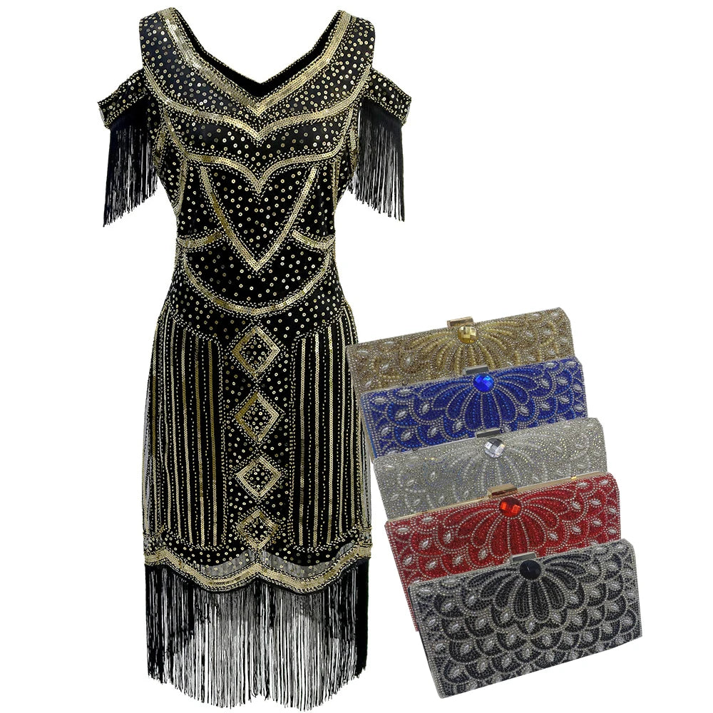 High End Light Luxury Retro Style Gatsby Hear Neck Evening Banquet Ball Dress Tassel Sleeve Sequin Dress for Women