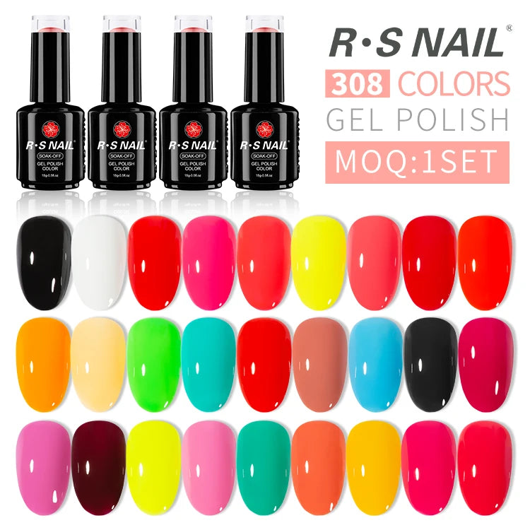 R S Nail Hot Sale 308 Colors Soak Off Gel Polish Long Lasting Pure Color Oem Step Uv Gel Msds Colorful Nail Beauty Supplier
