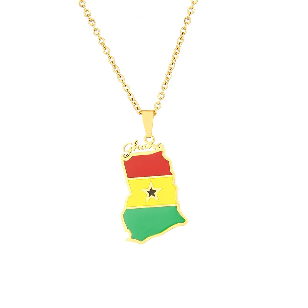 Wholesale Women Men Words Cut Enamel Stainless Steel Ghana Map Flag Necklace