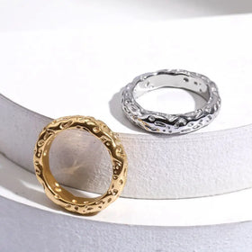 Vintage Irregular Hammer Texture Ring Non Tarnish Gold Plated Stainless Steel Ring for Women Anillos De Acero Inoxidable