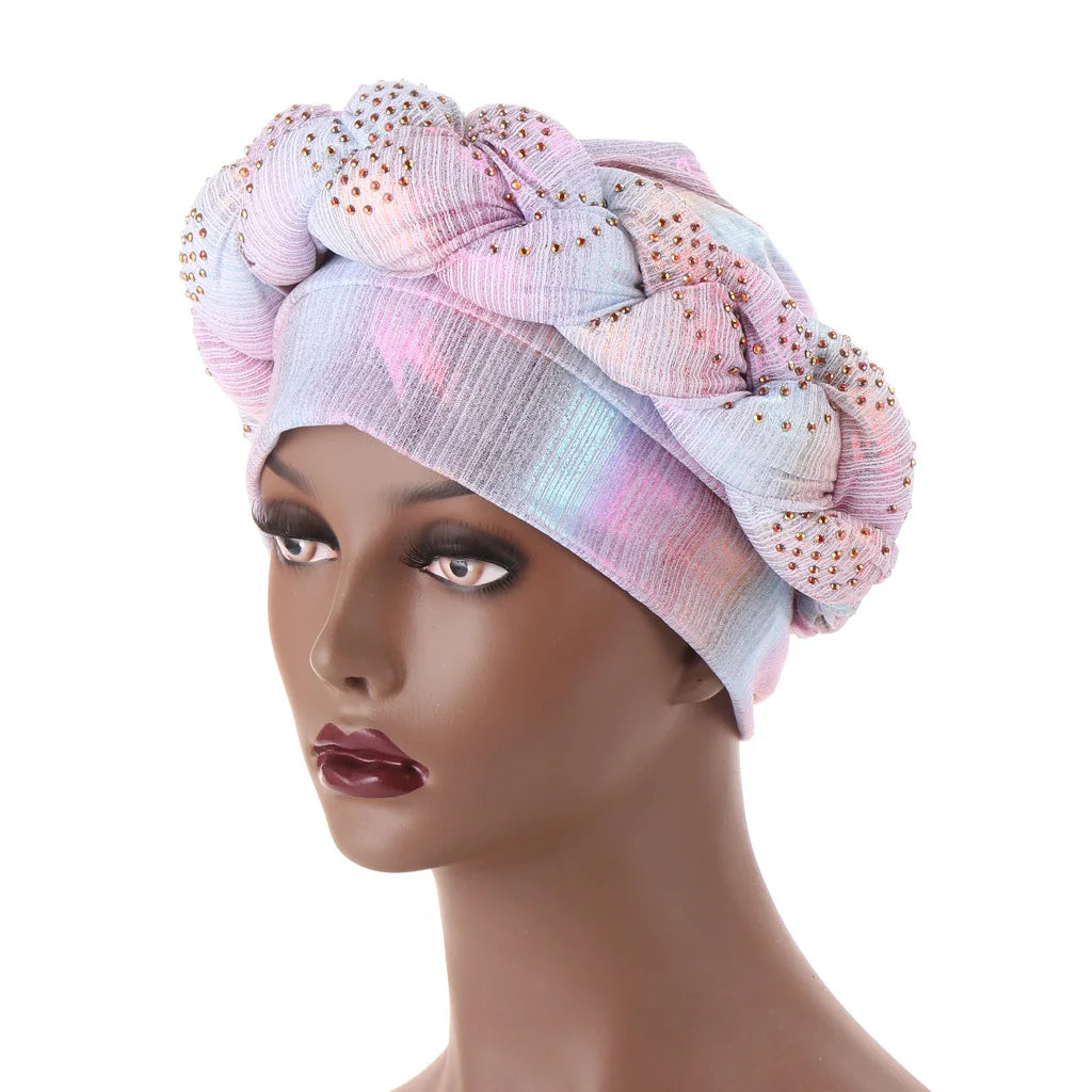 Jachon New Shiny Nigerian Women's Headtie Turban Rhinestone Twisty African Fashion Iridescent Polyester Hat for Muslim Outdoor