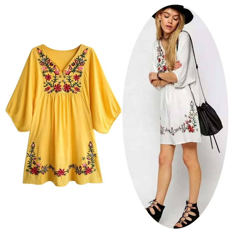 Womens Casual Dresses Embroidered Shirt Mexican Peasant Blouse Loose Oversized Tops White Summer Dress