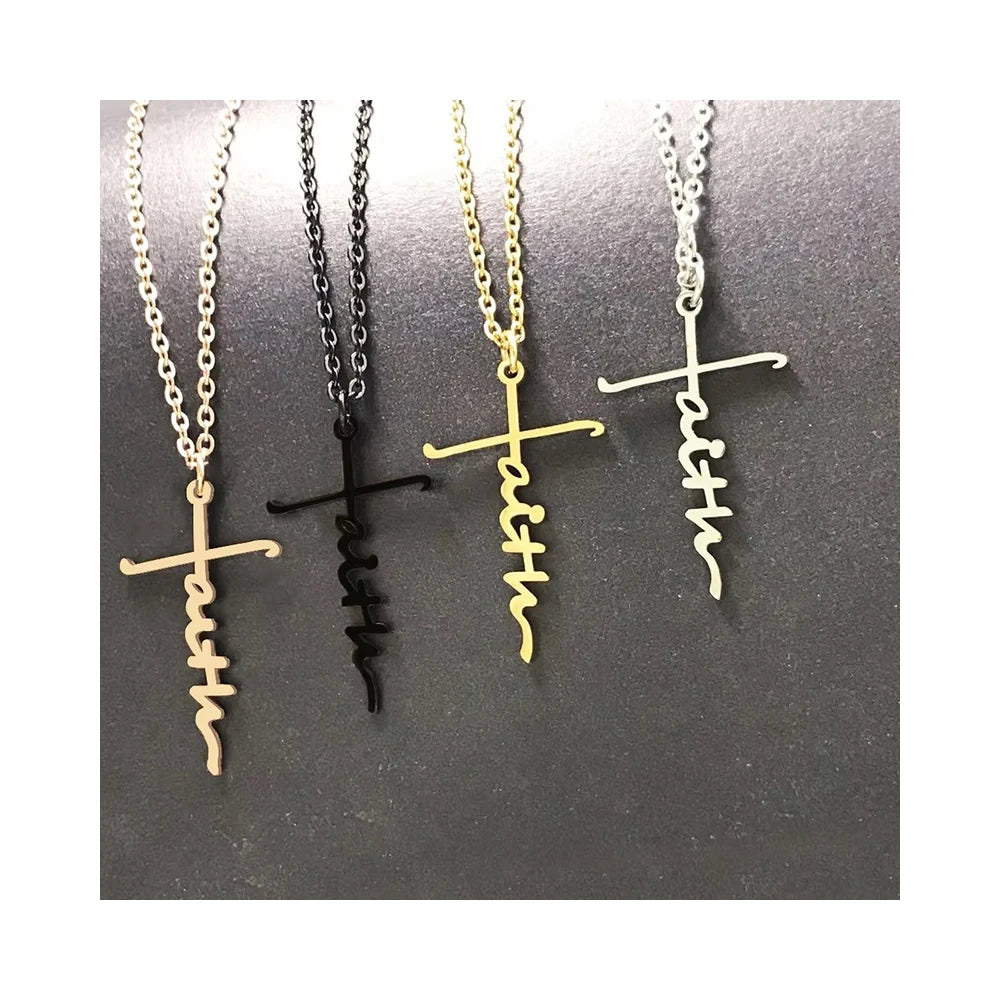 RisingMoon Collar Women Men Gift Gold Black Silver Stainless Steel Necklaces Hope Love Faith Letter Pendant Cross Necklace