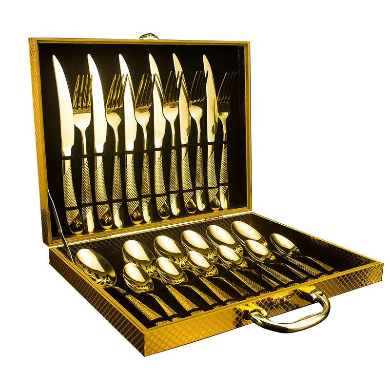 Light Luxury Diamond Handle Hammered Stainless Steel Flatware 24 Pcs Wedding Silverware Gold Cutlery Set With Gift Box