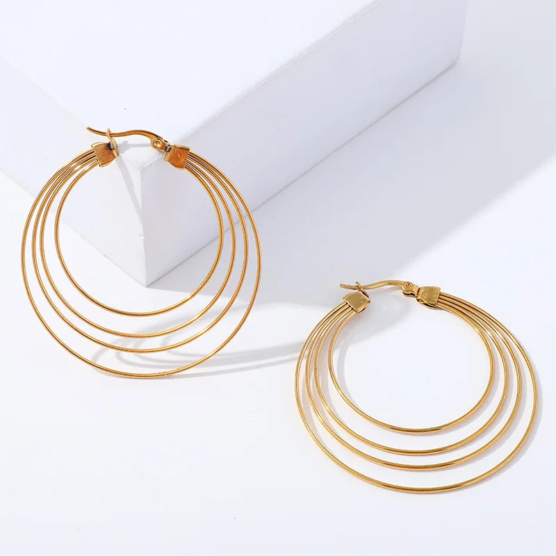 Hoop Earring Simple Dual Use Stainless Piercing 3-ring Hollow Earring for  Women