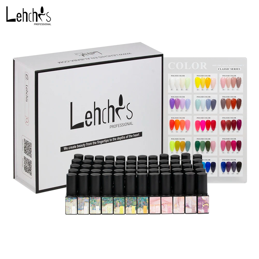 Lehchis 60-Color Vegan Jelly Gel Nail Polish Kit Private Label Luxury UV Gel Varnish Set 15ml Long-Lasting Top Base Coat Nail