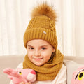 Wholesale Kids Winter Knitted Hats and Scarf Set With Natural Fur Pompom Warm Double Lined Boys Girls Beanie Scarves Custom
