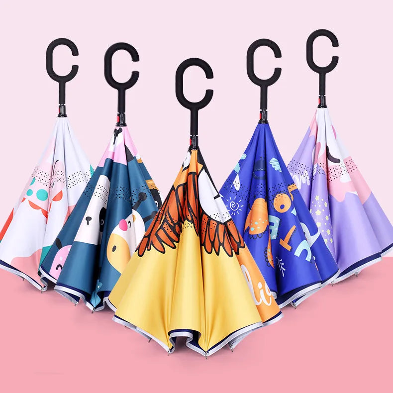 Children's Best Upside Down Drip-Free Double Layer Sun Umbrella with Reflective Strip Straight Pattern Reverse Design