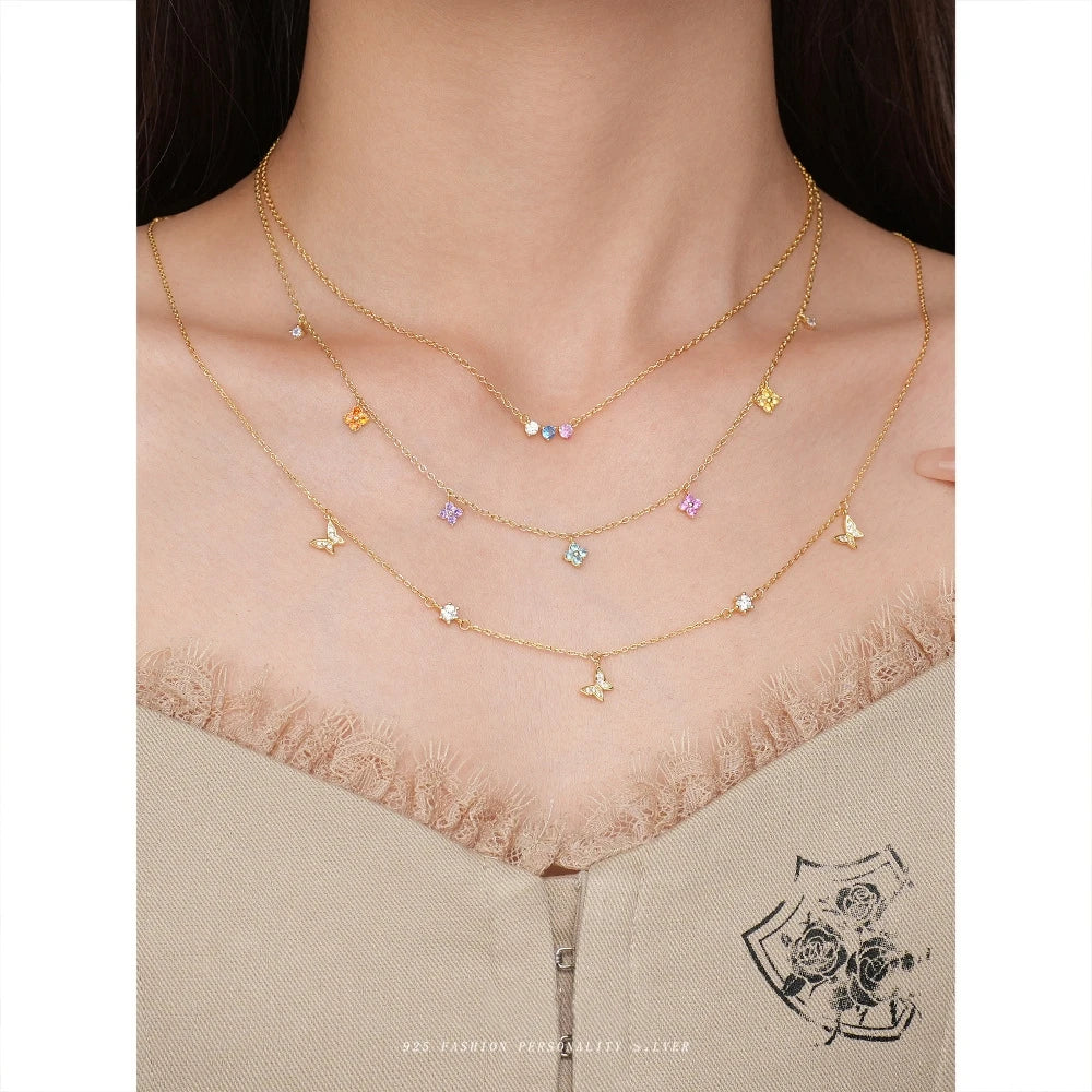 Dropshipping Fashion Jewelry 925 Sterling Silver Multicoloured Zircon Clover Necklace and Bracelet Chain Jewelry Set for Women