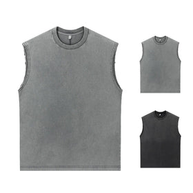 Men's Basic Style Sleeveless Cotton T-shirts With Custom Logo Breathable Summer Wearing Retro Washed Plain Tank Tops