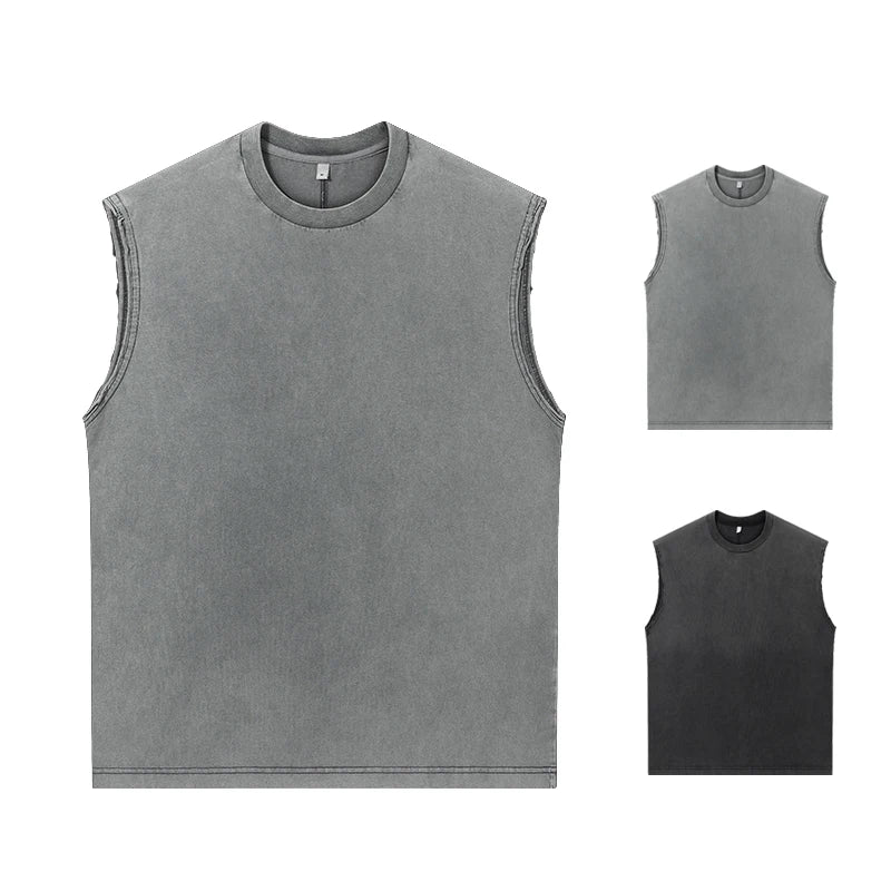 Men's Basic Style Sleeveless Cotton T-shirts With Custom Logo Breathable Summer Wearing Retro Washed Plain Tank Tops
