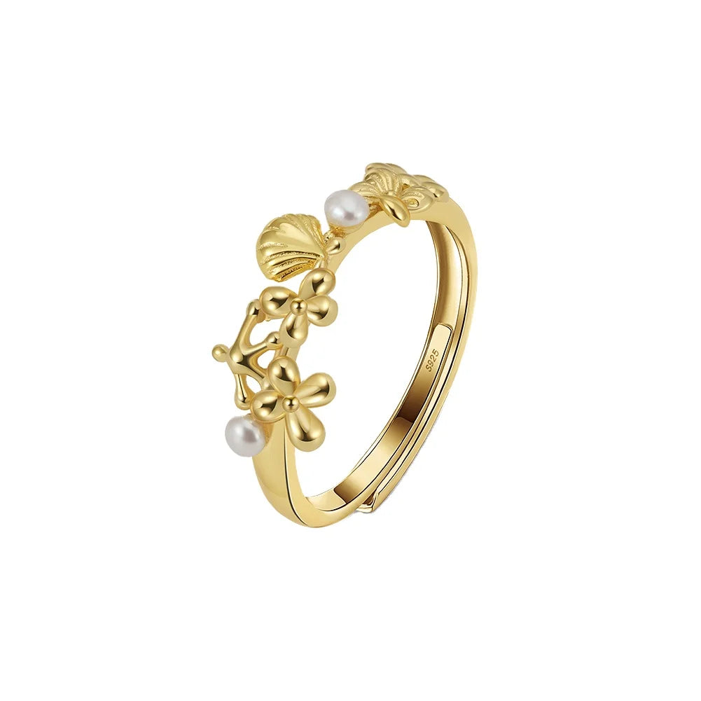 RINNTIN GPR24 Korean Style 14k Gold Plated Elegant Leaf Shell Shape Cubic Zirconia Pearl 925 Sterling Silver Ring for Women